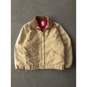 Vintage 1980s Carhartt Insulated Detroit Work Jacket Beige Faded Youth M